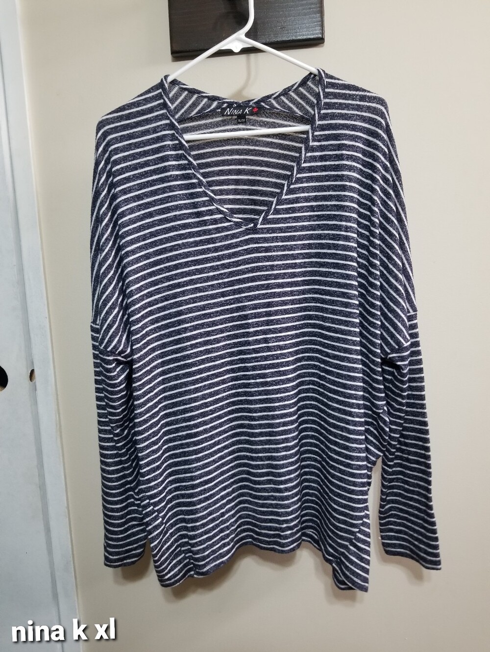 Nina K Top Navy White Striped V-Neck Long Sleeve Knit XL Made In Canada